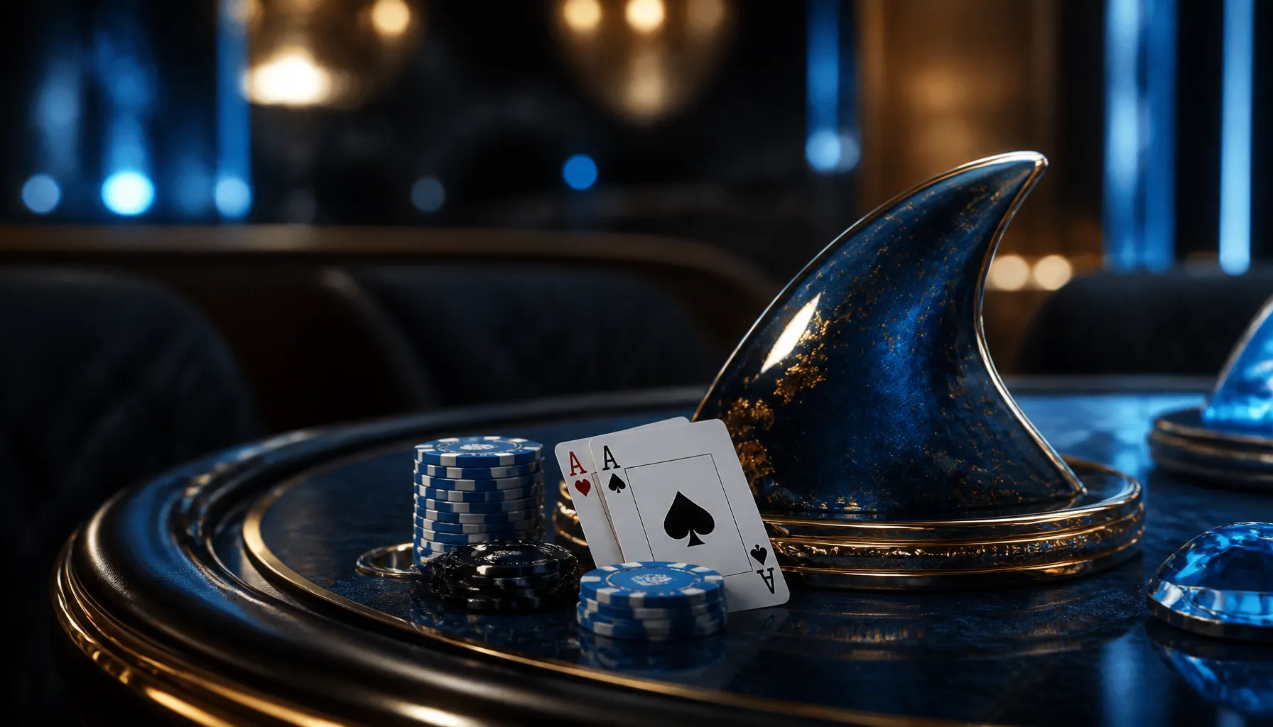 Close-up of gleaming gold casino chips scattered on deep ocean-blue velvet with a dramatic shark silhouette shadow beneath
