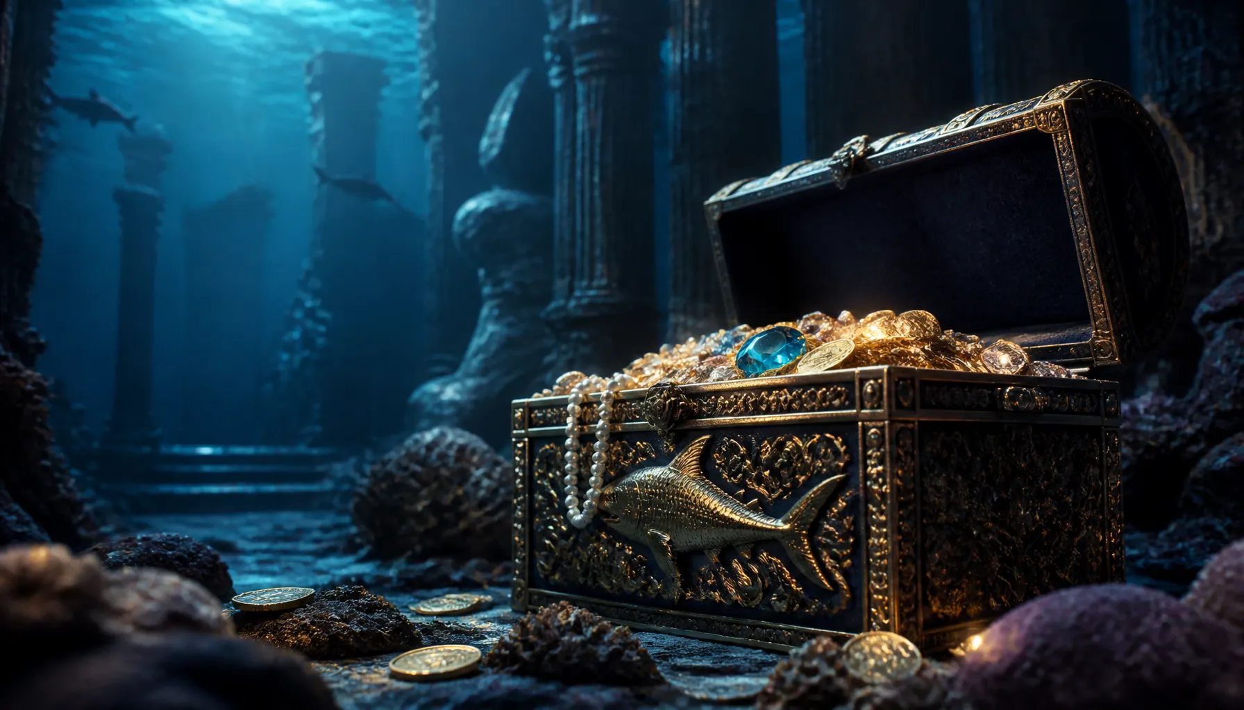 Close-up of gleaming gold casino chips scattered on deep ocean-blue velvet with a dramatic shark silhouette shadow beneath