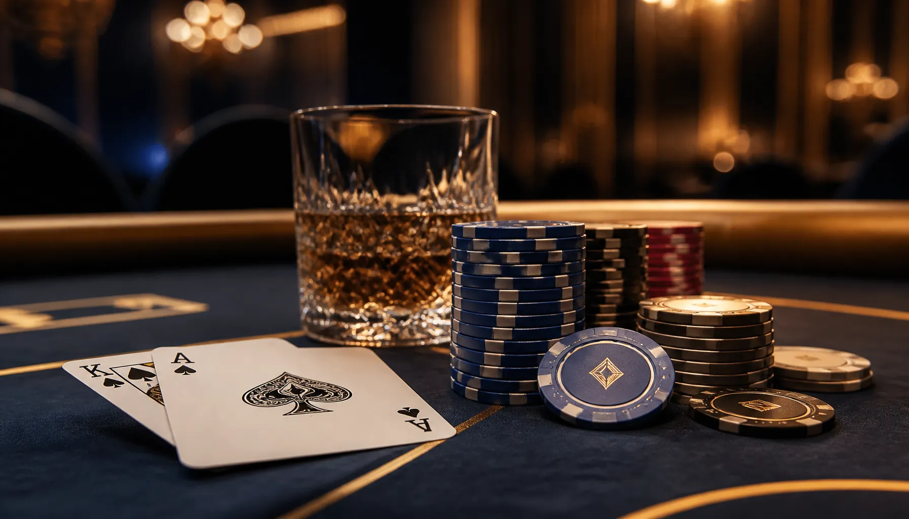 Close-up of gleaming gold casino chips scattered on deep ocean-blue velvet with a dramatic shark silhouette shadow beneath