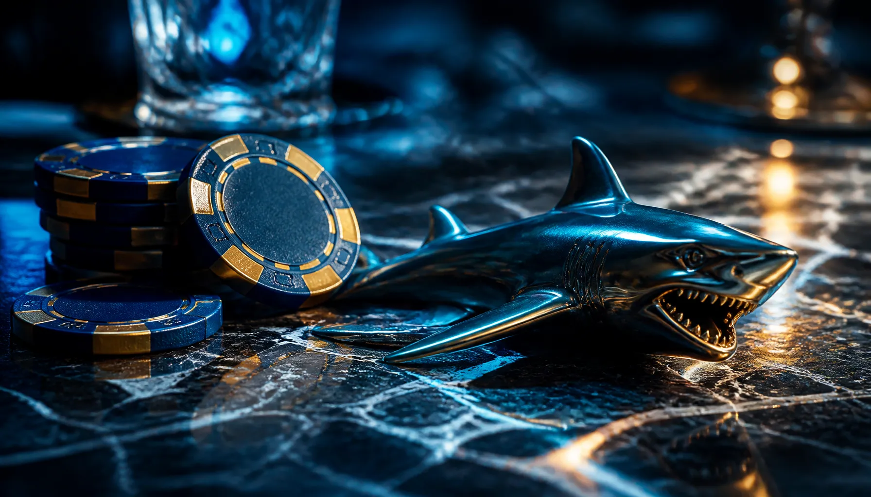 Close-up of gleaming gold casino chips scattered on deep ocean-blue velvet with a dramatic shark silhouette shadow beneath